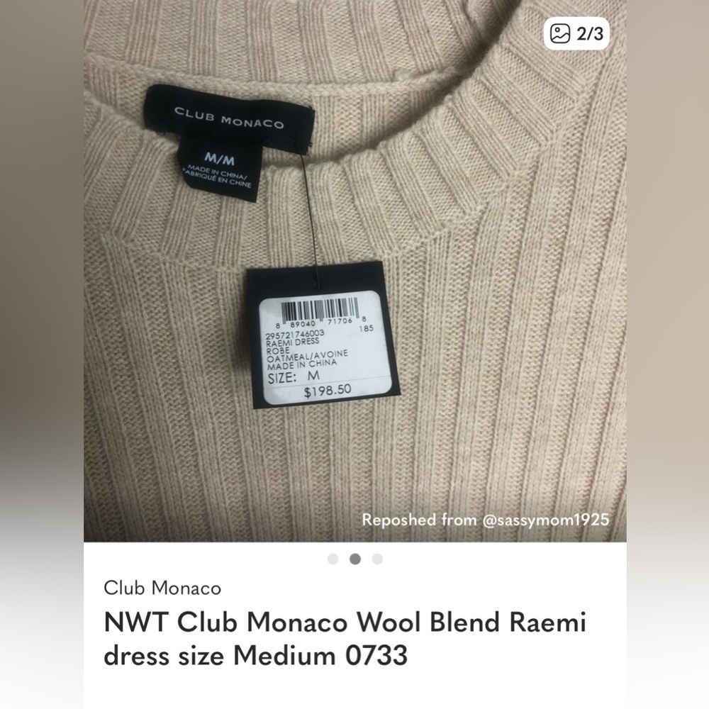Club Monaco Part-Wool Beige Long Sleeve Knit Dress - Picture 9 of 9